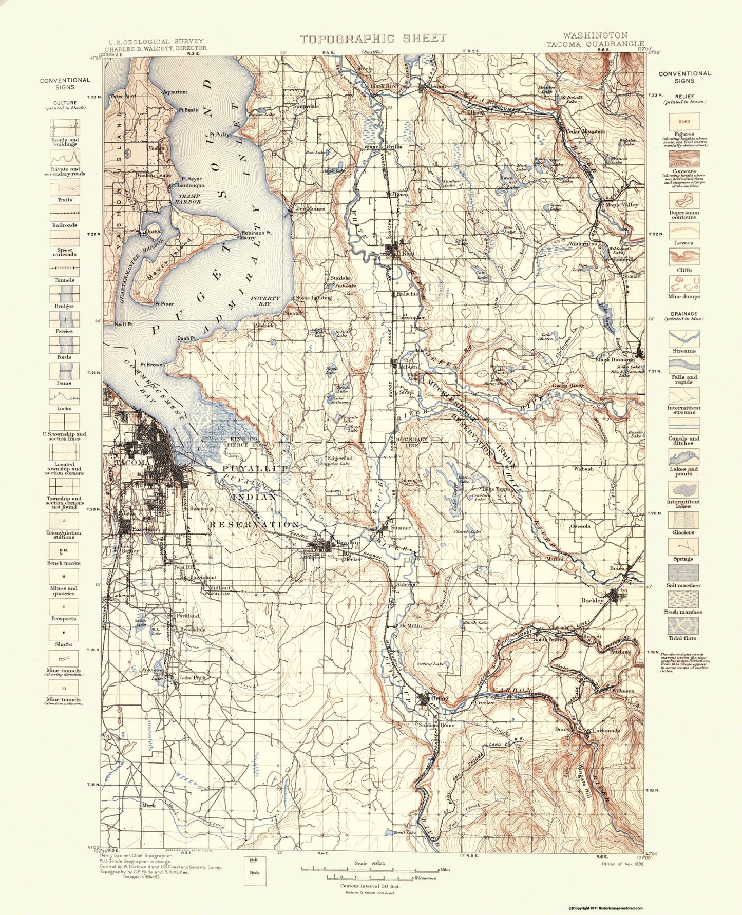 Topographical Map - Tacoma Washington Quad - USGS 1898 - 23 x 28.36 - Vintage Wall Art