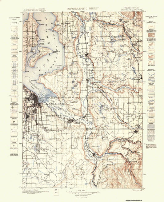 Topographical Map - Tacoma Washington Quad - USGS 1898 - 23 x 28.36 - Vintage Wall Art