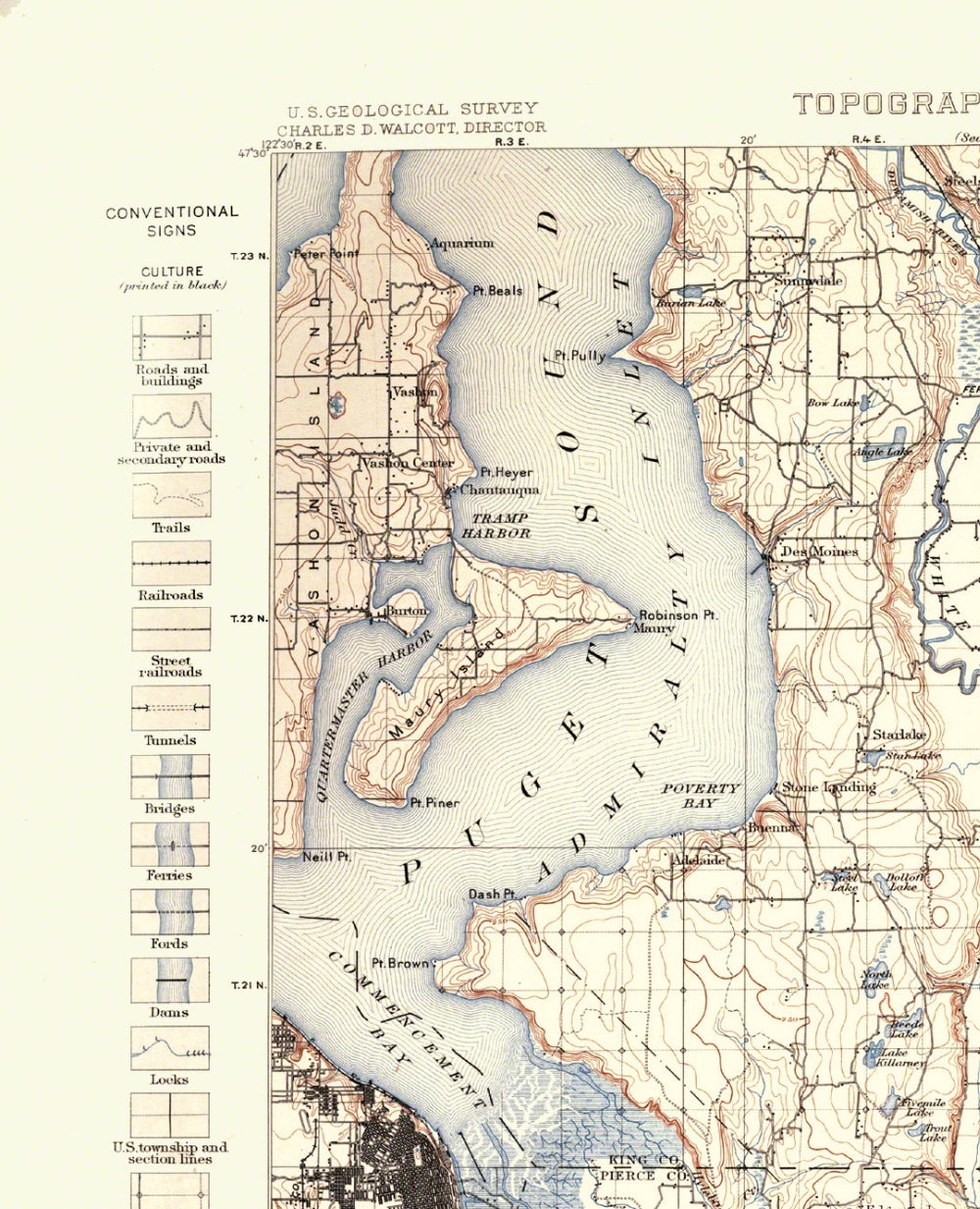 Topographical Map - Tacoma Washington Quad - USGS 1898 - 23 x 28.36 - Vintage Wall Art