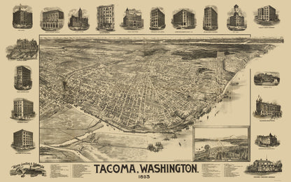 Historic Panoramic View - Tacoma Washington - Mcintyre 1893 - 23 x 36.82 - Vintage Wall Art