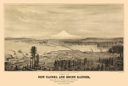 Historic Panoramic View - Tacoma Mount Rainier Washington - Glover 1878 - 23 x 34.15 - Vintage Wall Art