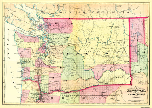 Historic State Map - Washington - Asher 1874 - 32.25 x 23 - Vintage Wall Art