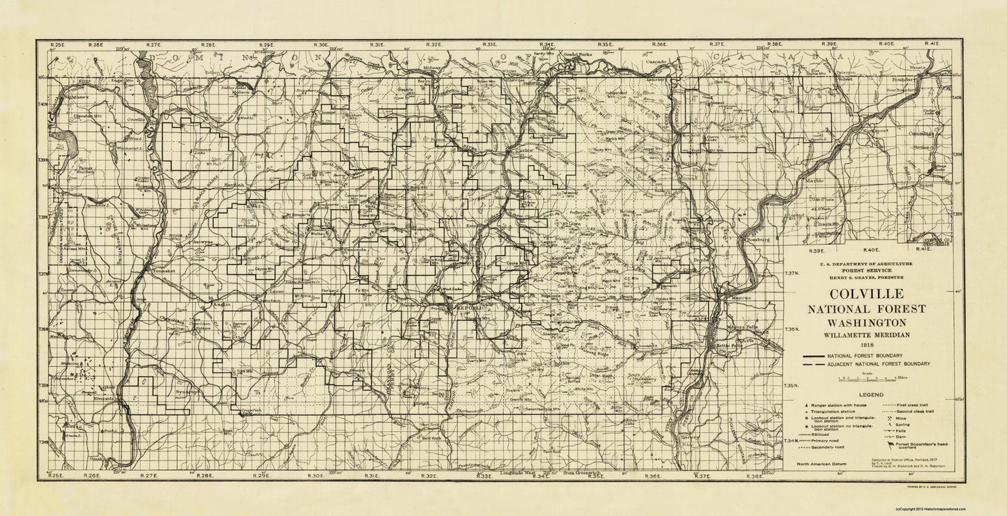 Historic State Map - Colville National Forest Washington - Meridan 1918 - 44.88 x 23 - Vintage Wall Art