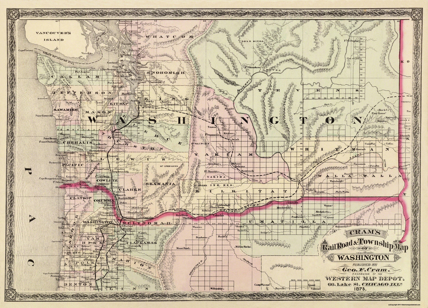 Historic State Map - Washington - Cram 1875 - 31.94 x 23 - Vintage Wall Art