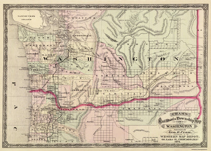 Historic State Map - Washington - Cram 1875 - 31.94 x 23 - Vintage Wall Art