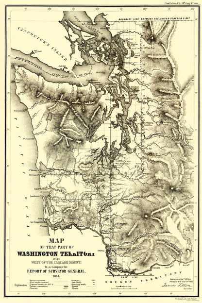 Historic State Map - Washington Territory West Cascades - Duval 1857 - 23 x 34 - Vintage Wall Art