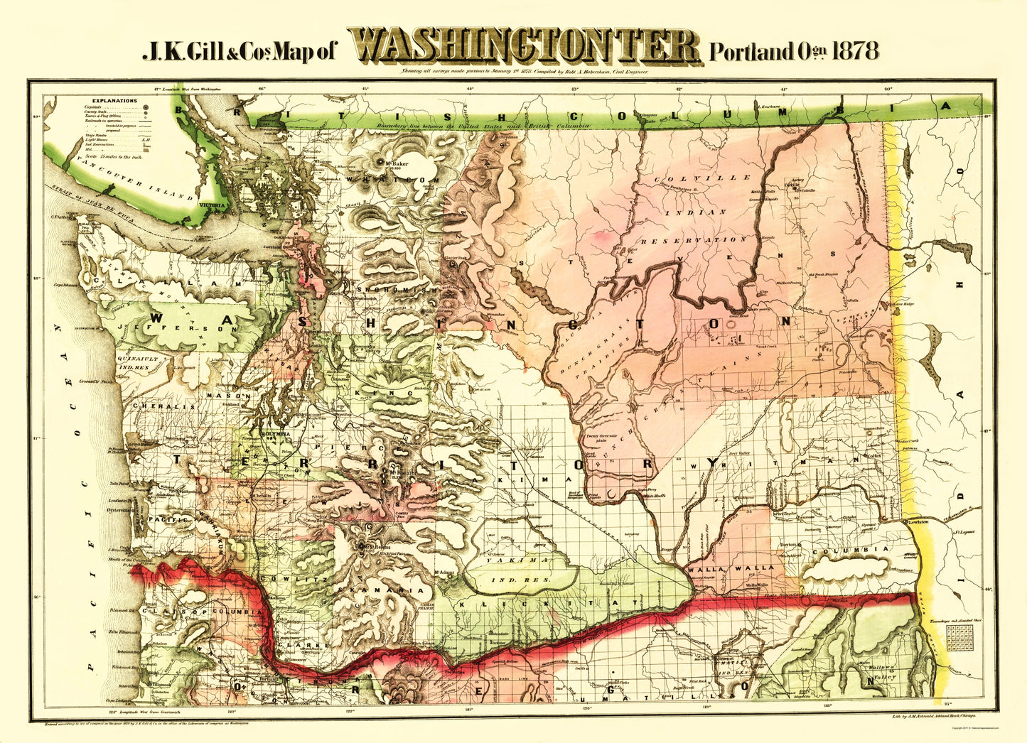 Historic State Map - Washington Territory - Askevold 1878 - 23 x 31.77 - Vintage Wall Art