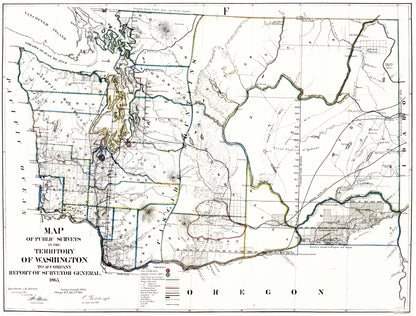 Historic State Map - Washington Territory Public Survey - Giddings 1865 - 23 x 30 - Vintage Wall Art