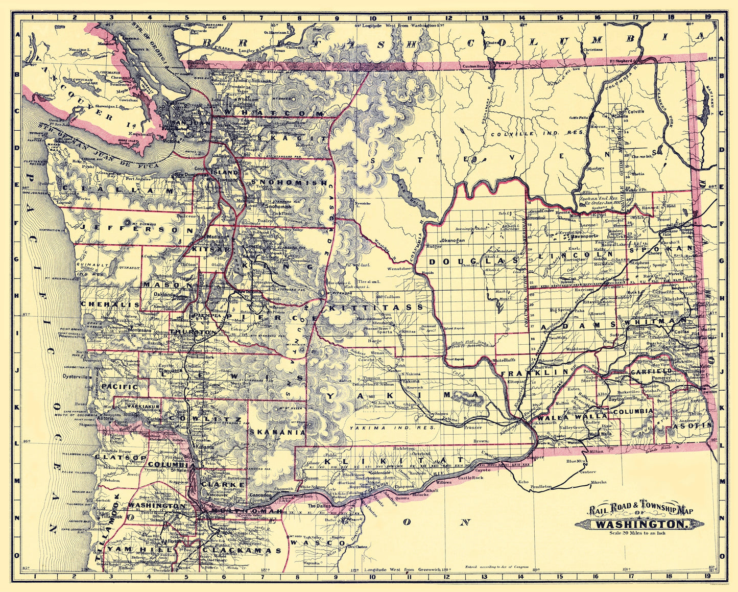 Railroad Map - Washington Railroads Townships - Grant 1887 - 23 x 28.67 - Vintage Wall Art