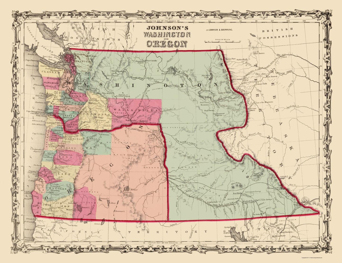 Historic State Map - Washington Oregon - Johnson 1860 - 23 x 29.85 - Vintage Wall Art