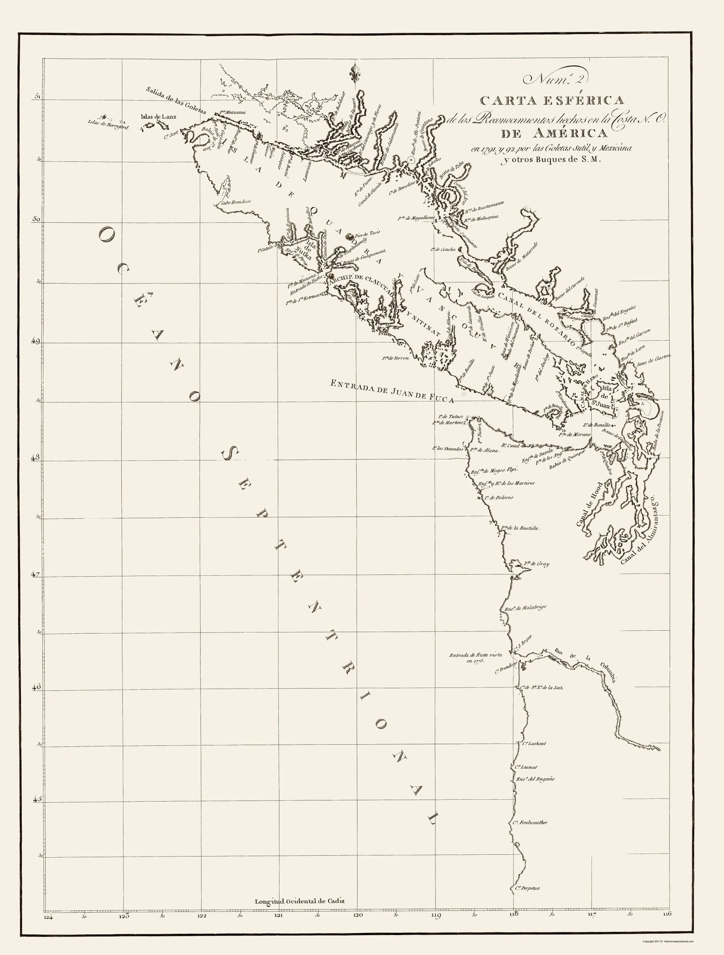 Historic State Map - Washington Coast Vancouver Island - Beques 1791 - 23 x 30.34 - Vintage Wall Art