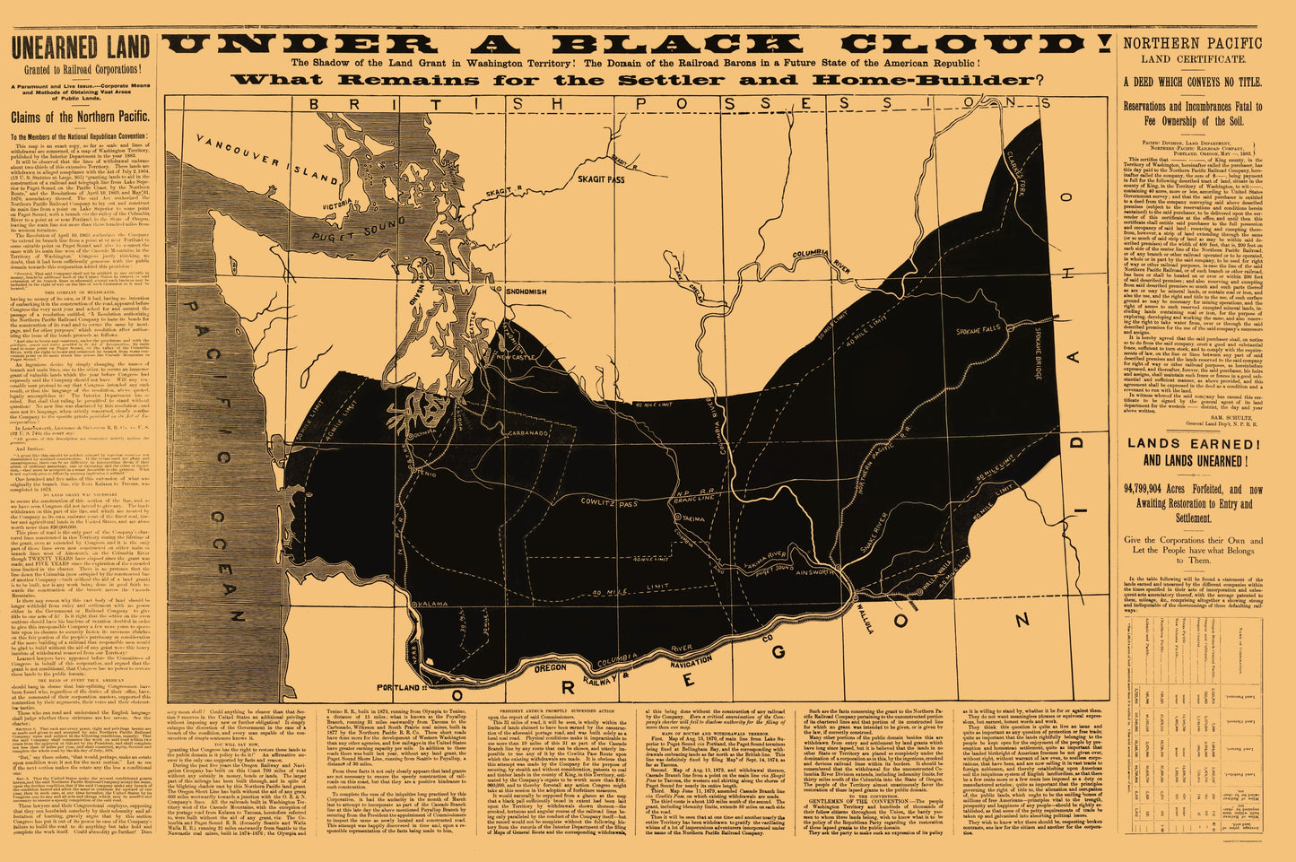 Railroad Map - Washington Land Grant Problems - 1883 - 23 x 34 - Vintage Wall Art