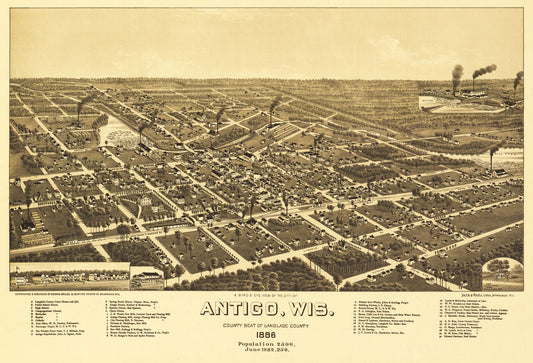 Historic Panoramic View - Antigo Wisconsin - Norris 1886 - 33.81 x 23 - Vintage Wall Art