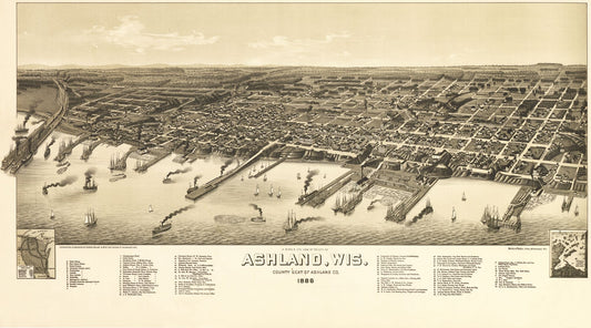 Historic Panoramic View - Ashland Wisconsin - Norris 1886 - 41.37 x 23 - Vintage Wall Art