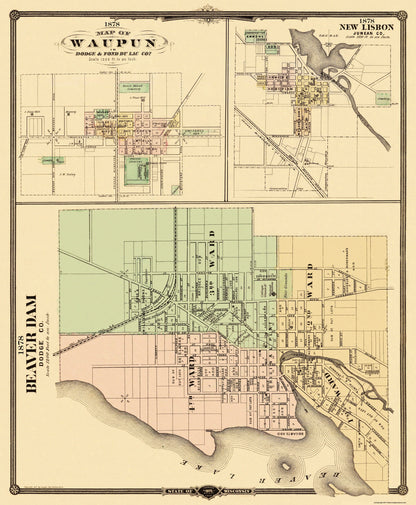 Historic City Map - Beaver Dam Waupun New Lisbon Wisconsin - Snyder 1878 - 23x27 - Vintage Wall Art