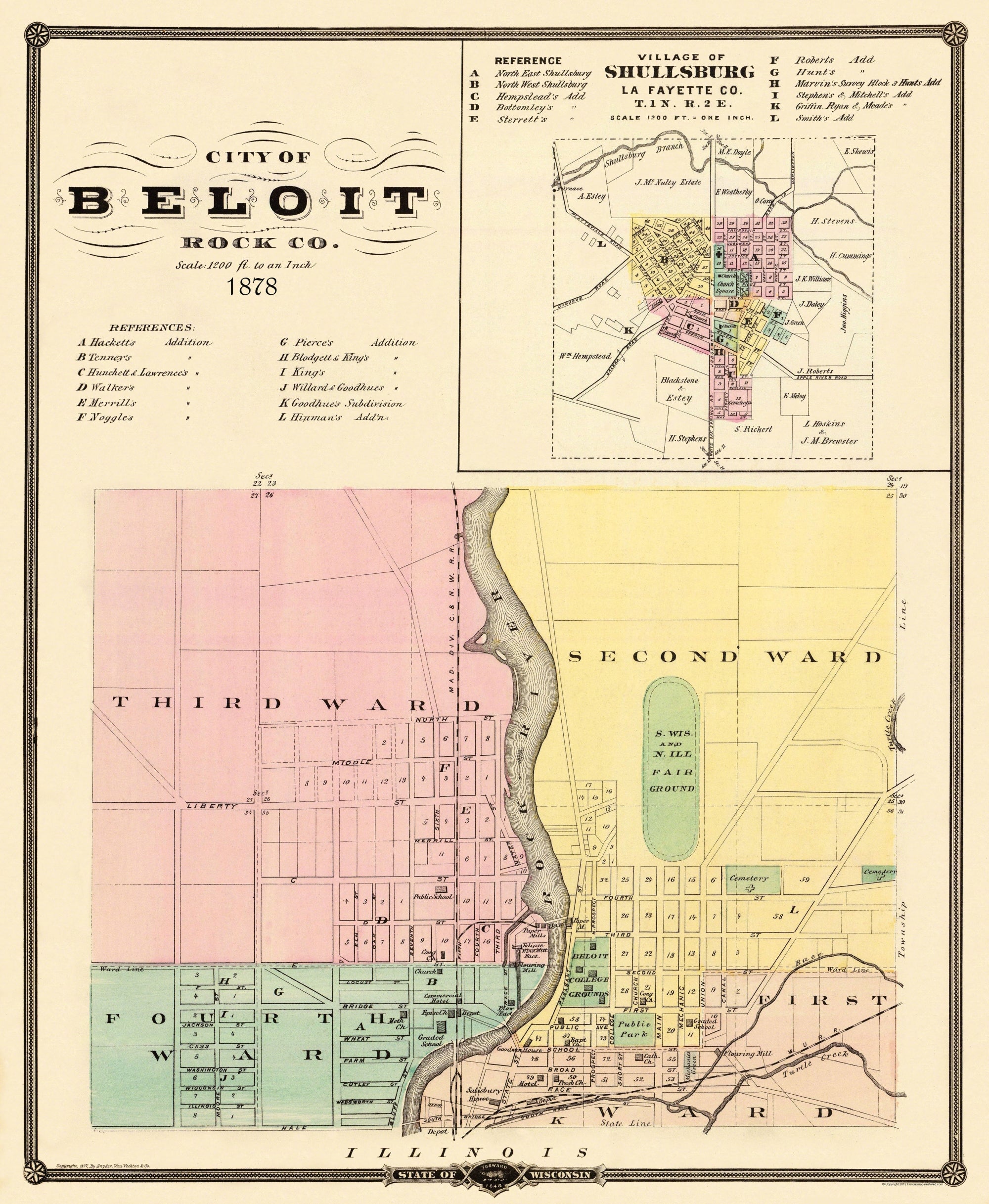 Historic City Map - Beloit Shullsburg Wisconsin - Snyder 1878 - 23 x 2 ...