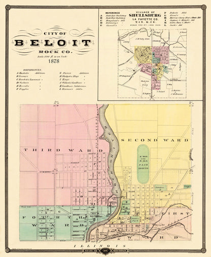 Historic City Map - Beloit Shullsburg Wisconsin - Snyder 1878 - 23 x 28 - Vintage Wall Art