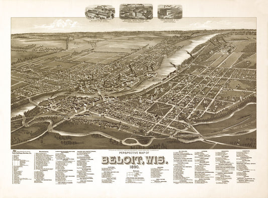 Historic Panoramic View - Beloit Wisconsin - American Pub Co 1890 - 31.10 x 23 - Vintage Wall Art