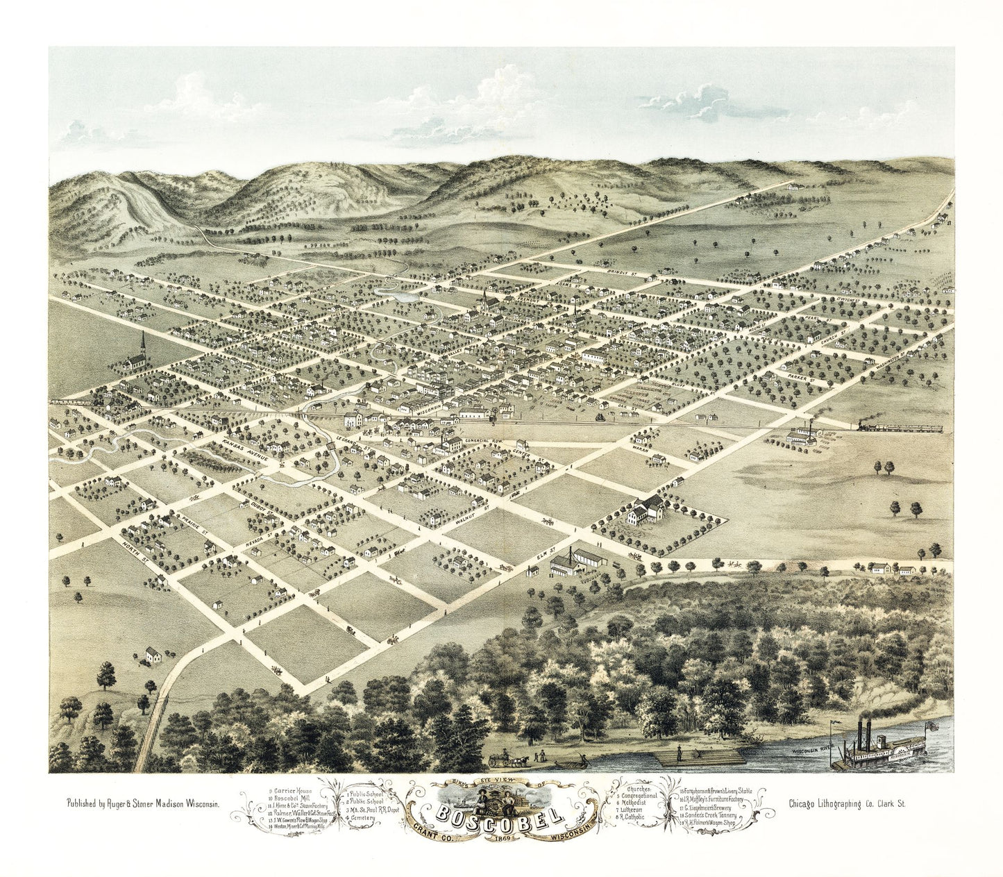 Historic Panoramic View - Boscobel Wisconsin - Stoner 1869 - 26.31 x 23 - Vintage Wall Art