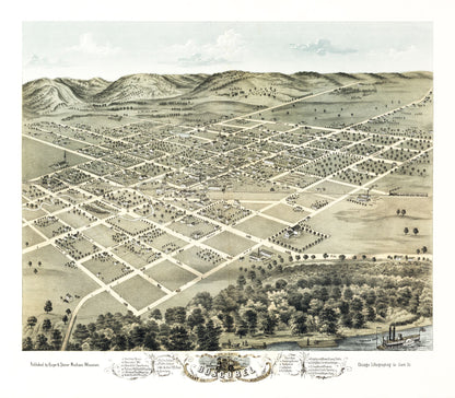 Historic Panoramic View - Boscobel Wisconsin - Stoner 1869 - 26.31 x 23 - Vintage Wall Art