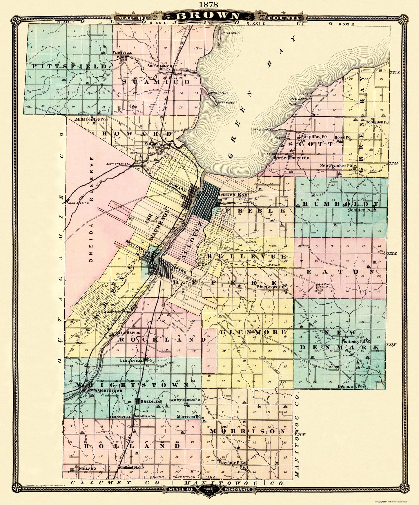 Historic County Map - Brown County Wisconsin - Snyder 1878 - 23 x 27.69 - Vintage Wall Art