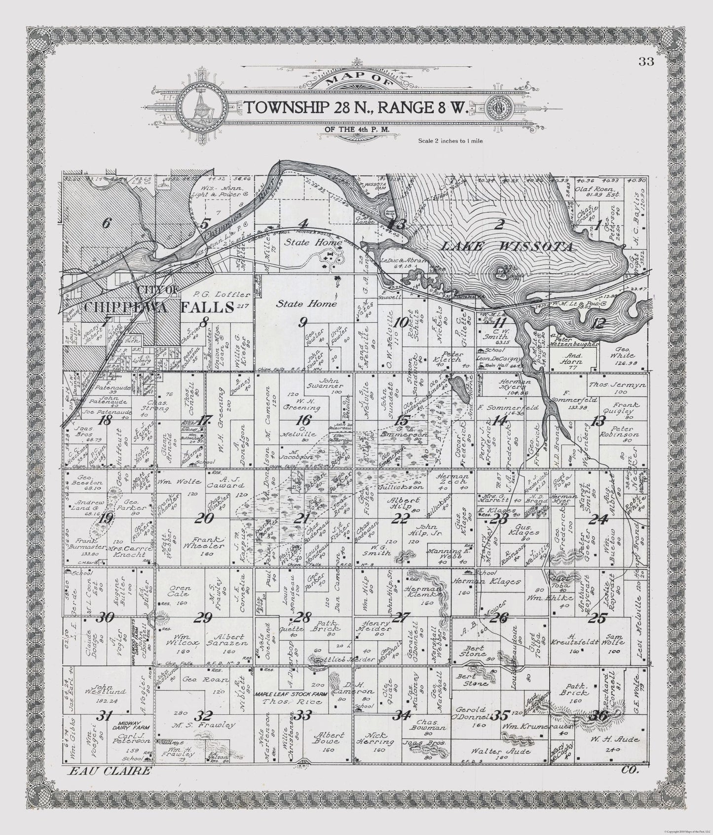 Historic City Map - Chippewa Falls - Township 28 N. Range 8 W. - Wisconsin - 23 x 26.95 - Vintage Wall Art