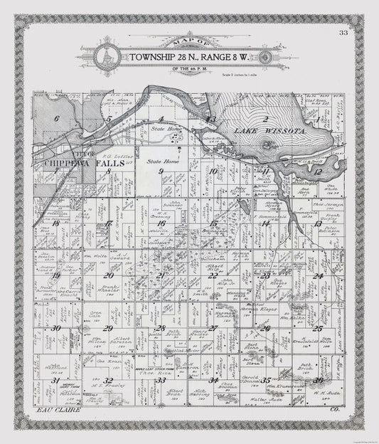 Historic City Map - Chippewa Falls - Township 28 N. Range 8 W. - Wisconsin - 23 x 26.95 - Vintage Wall Art