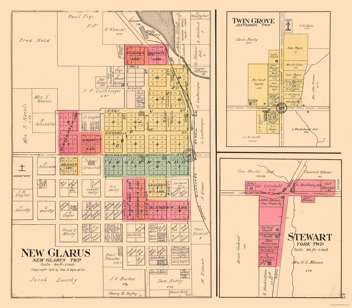 Historic City Map - New Glarus Twin Grove Stewart Wisconsin - Ogle 1918 - 26.30 x 23 - Vintage Wall Art