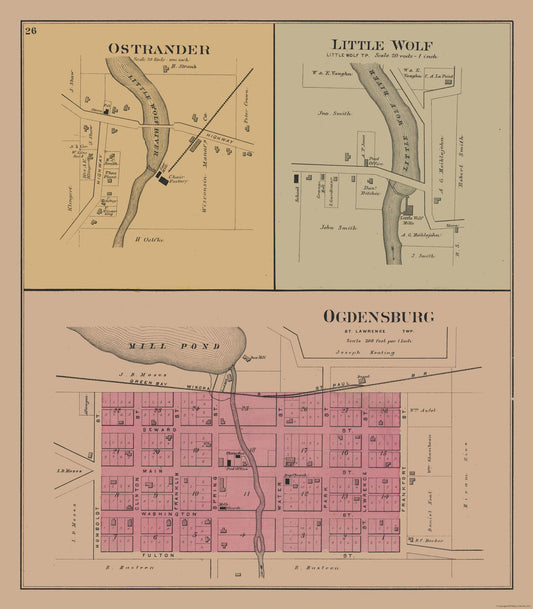 Historic City Map - Ostrander Little Wolf Ogdenburg Wisconsin - 23 x 26.31 - Vintage Wall Art