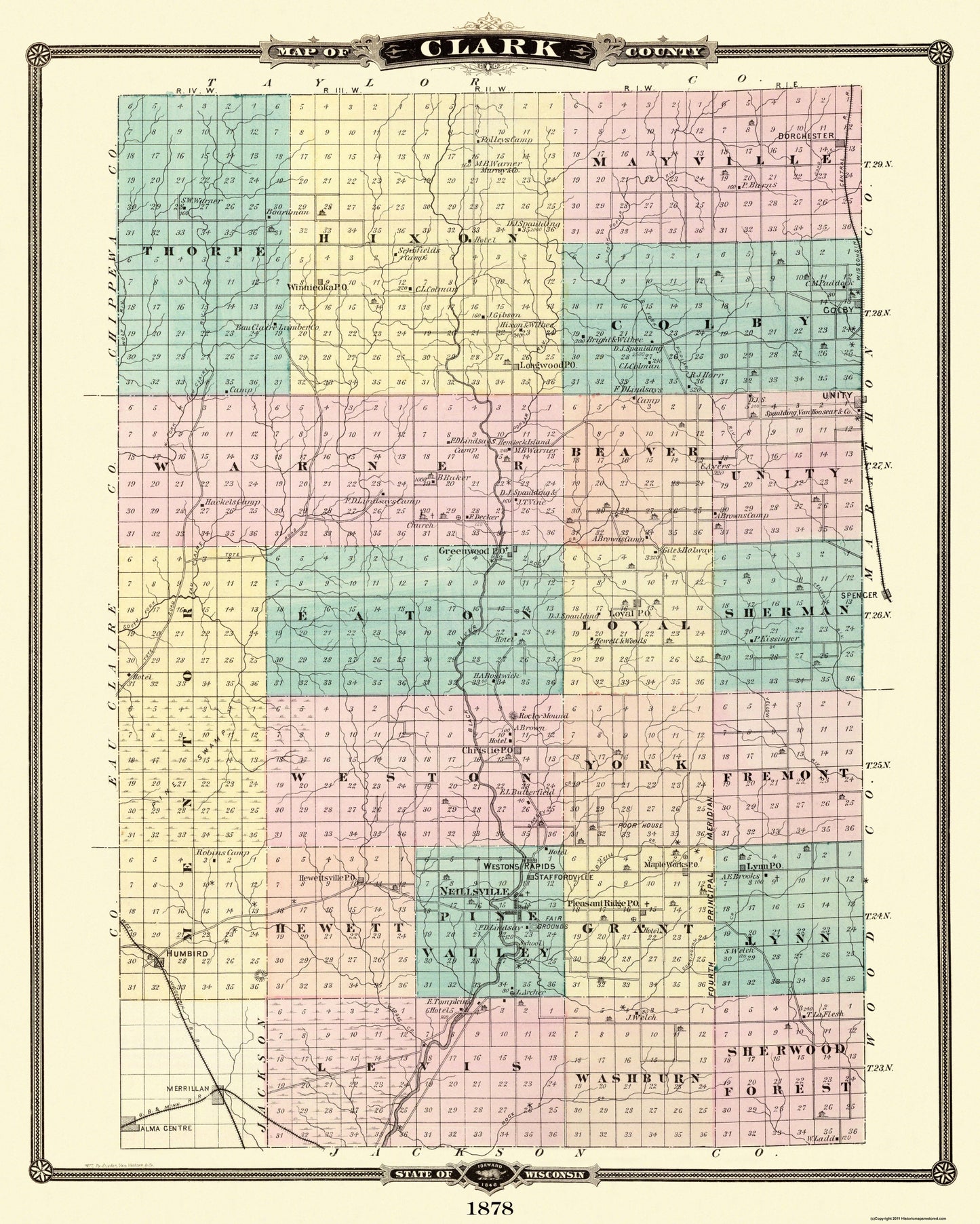 Historic County Map - Clark County Wisconsin - Snyder 1878 - 23 x 28.75 - Vintage Wall Art