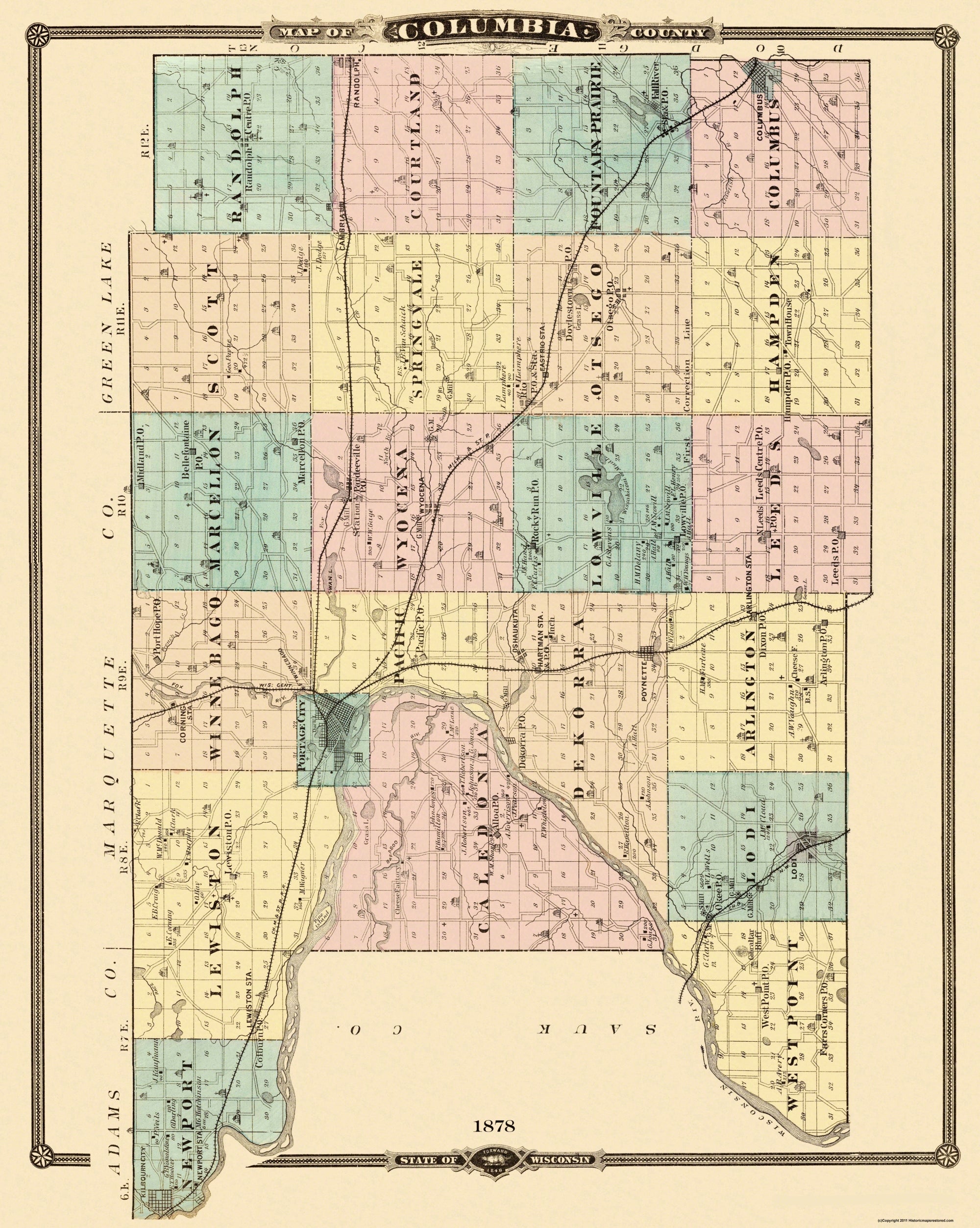 Historic County Map - Columbia County Wisconsin - Snyder 1878 - 23 x 2 ...