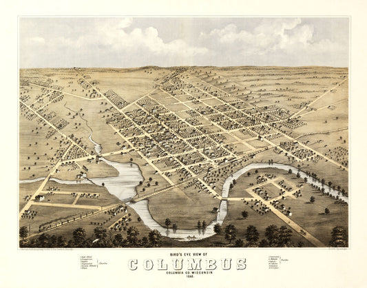 Historic Panoramic View - Columbus Wisconsin - Ruger 1868 - 29.30 x 23 - Vintage Wall Art