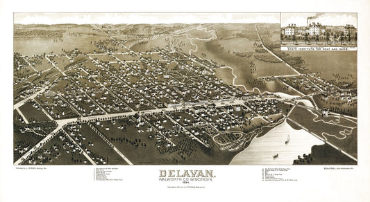 Historic Panoramic View - Delavan Wisconsin - Stoner 1884 - 42.05 x 23 - Vintage Wall Art
