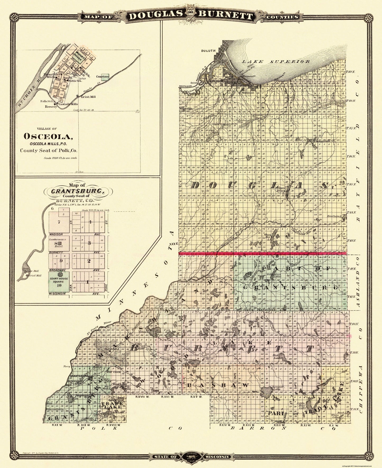 Historic County Map - Douglas Burnett Counties Wisconsin - Snyder 1877 - 23 x 28.19 - Vintage Wall Art