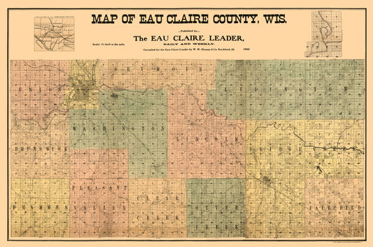 Historic County Map - Eau Claire County Wisconsin - Hixon 1902 - 34.63 x 23 - Vintage Wall Art