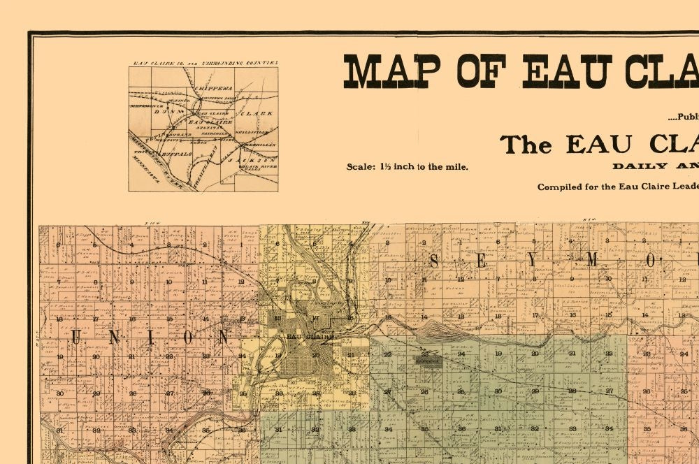 Historic County Map - Eau Claire County Wisconsin - Hixon 1902 - 34.63 x 23 - Vintage Wall Art