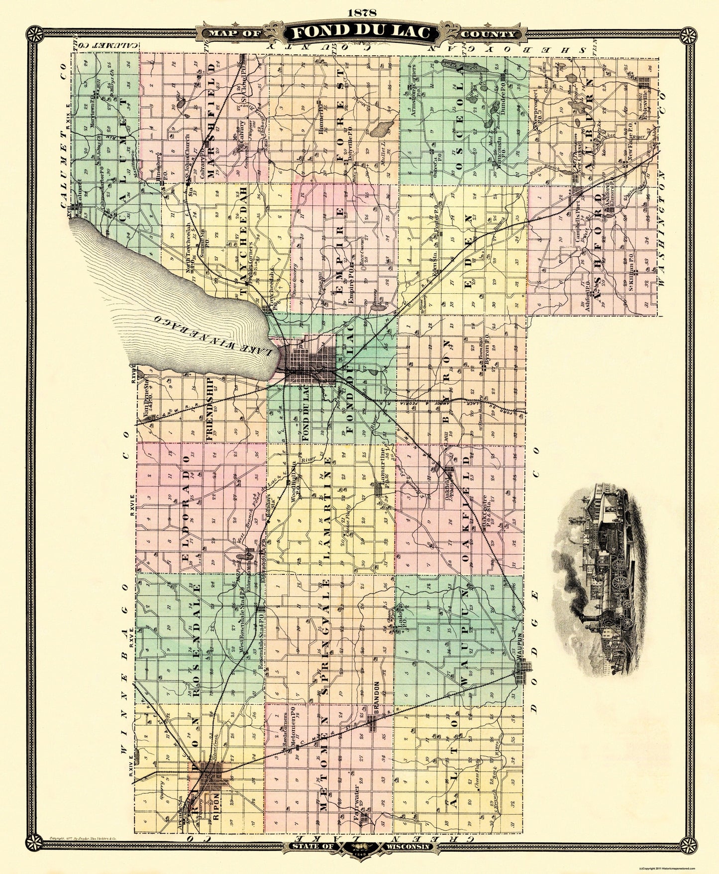 Historic County Map - Fond Du Lac County Wisconsin - Snyder 1878 - 23 x 27.94 - Vintage Wall Art