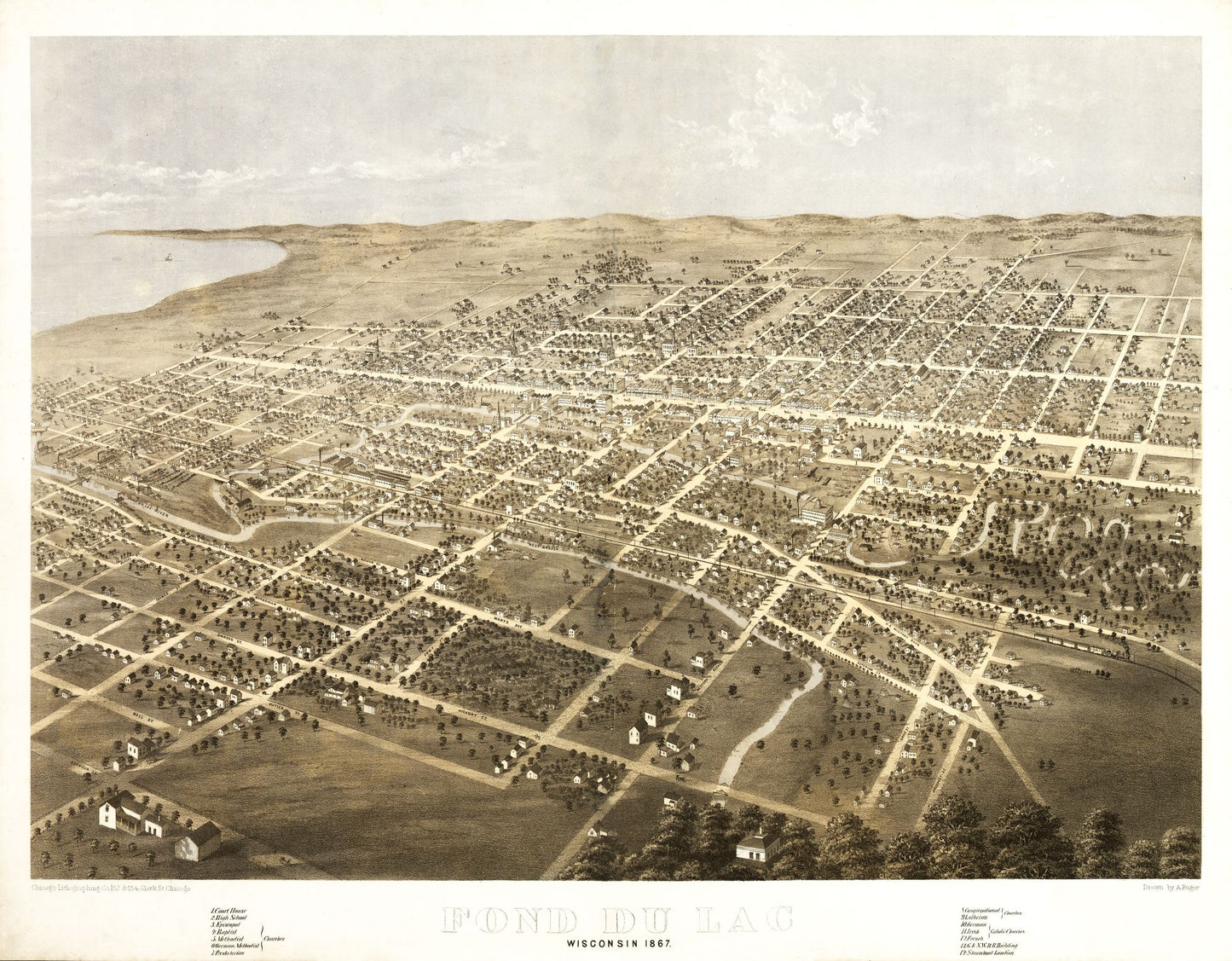 Historic Panoramic View - Fond Du Lac Wisconsin - Ruger 1867 - 29.49 x 23 - Vintage Wall Art