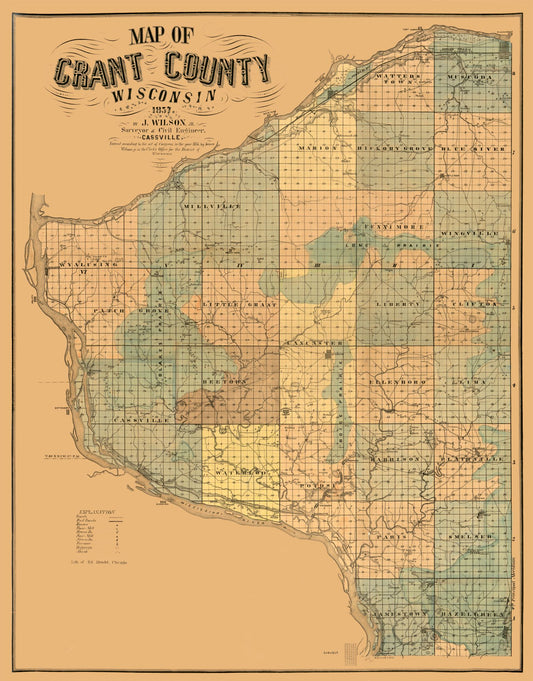 Historic County Map - Grant County Wisconsin - Wilson 1857 - 23 x 29.39 - Vintage Wall Art