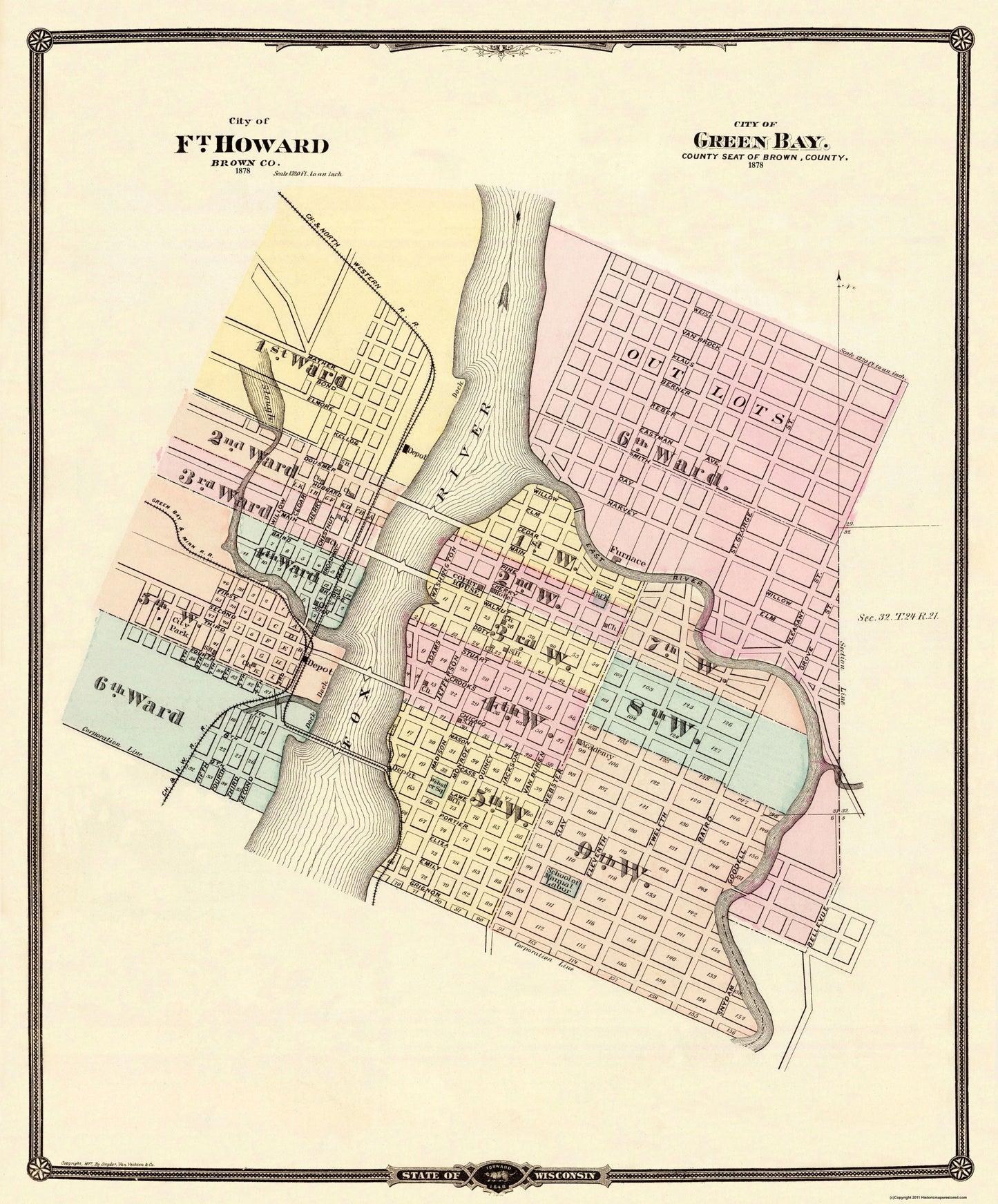 Historic City Map - Ft Howard Green Bay Wisconsin - Snyder 1877 - 23 x 27.75 - Vintage Wall Art