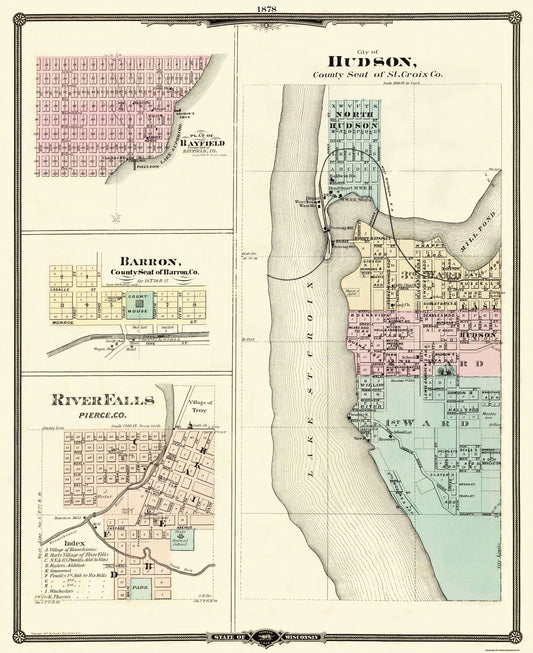 Historic City Map - Hudson Bayfield River Falls Wisconsin - Snyder 1878 - 23 x 28.19 - Vintage Wall Art