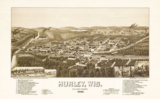 Historic Panoramic View - Hurley Wisconsin - Norris 1886 - 37.08 x 23 - Vintage Wall Art