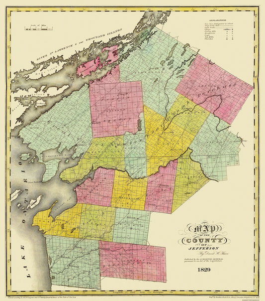 Historic County Map - Jefferson County New York - Burr 1829 - 23 x 26.06 - Vintage Wall Art