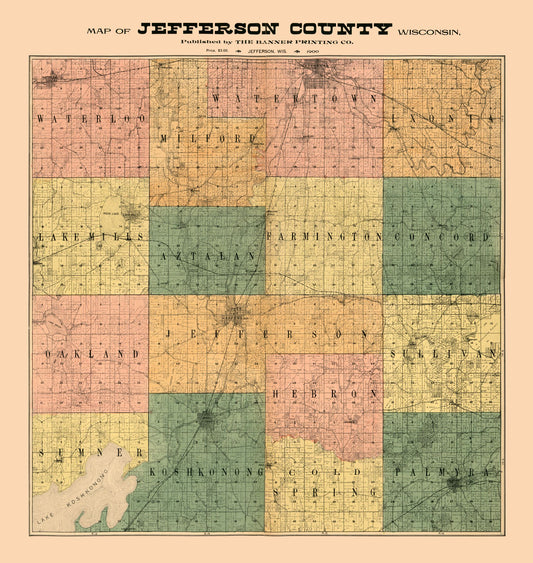 Historic County Map - Jefferson County Wisconsin - Banner 1900 - 23 x 24.29 - Vintage Wall Art