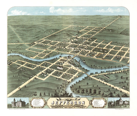 Historic Panoramic View - Jefferson Wisconsin - Ruger 1870 - 27.13 x 23 - Vintage Wall Art