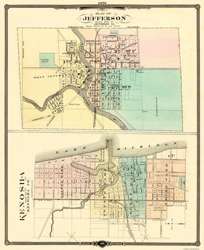 Historic City Map - Kenosha Jefferson Wisconsin - Snyder 1878 - 23 x 28.06 - Vintage Wall Art