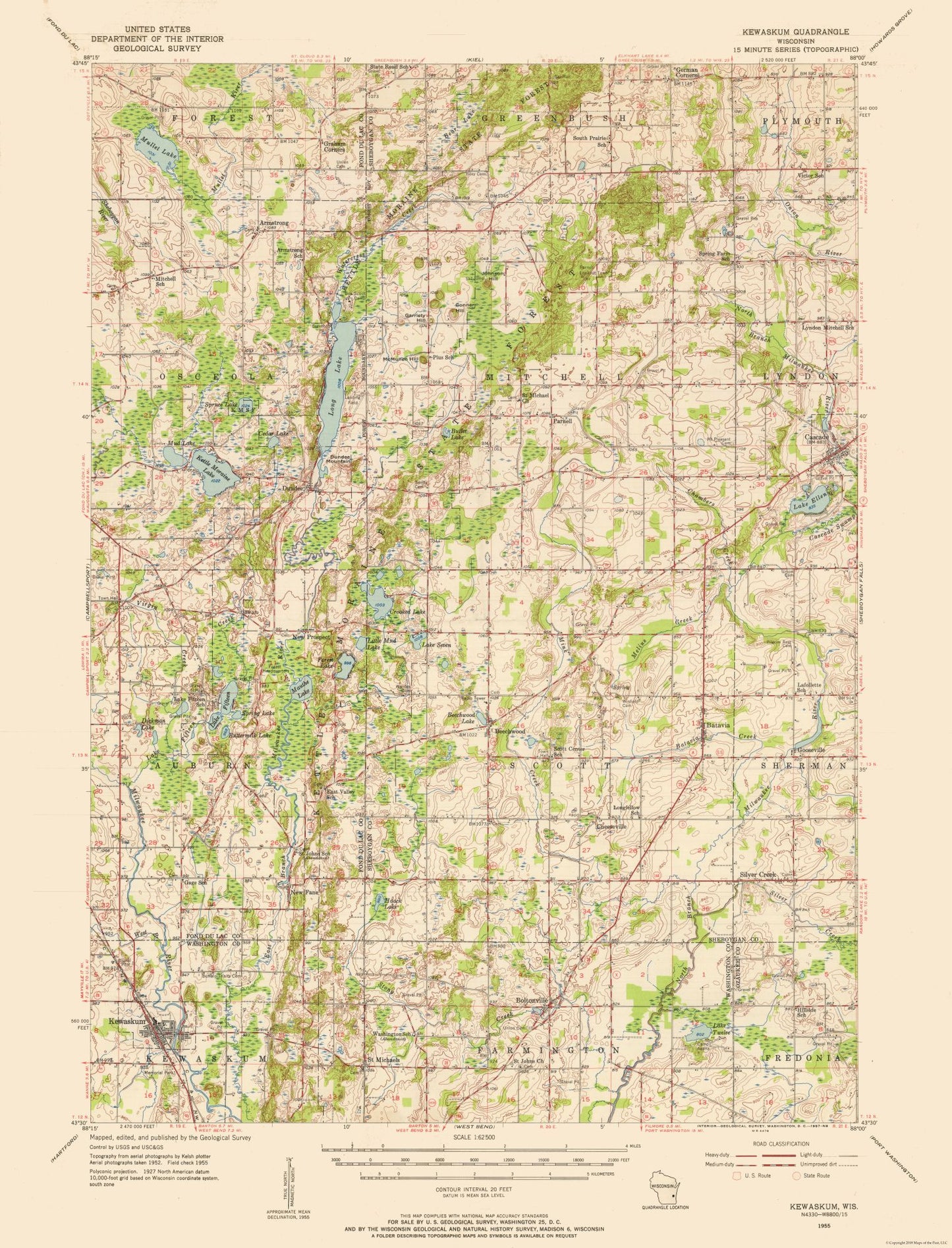 Topographical Map - Kewaskum Wisconsin Quad - USGS 1955 - 23 x 30.14 - Vintage Wall Art