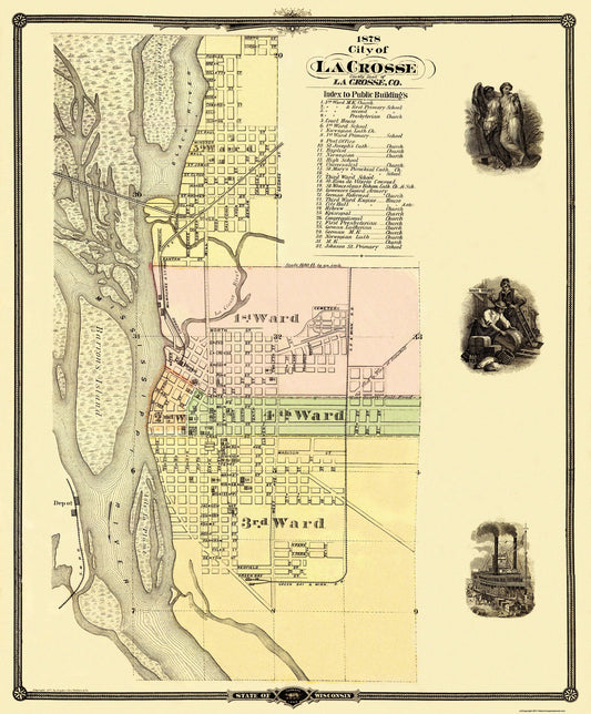 Historic City Map - La Crosse Wisconsin - Snyder 1878 - 23 x 27.75 - Vintage Wall Art