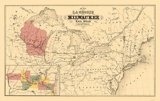 Railroad Map - La Crosse and Milwaukee Railroad - Colton 1855 - 23 x 36.52 - Vintage Wall Art