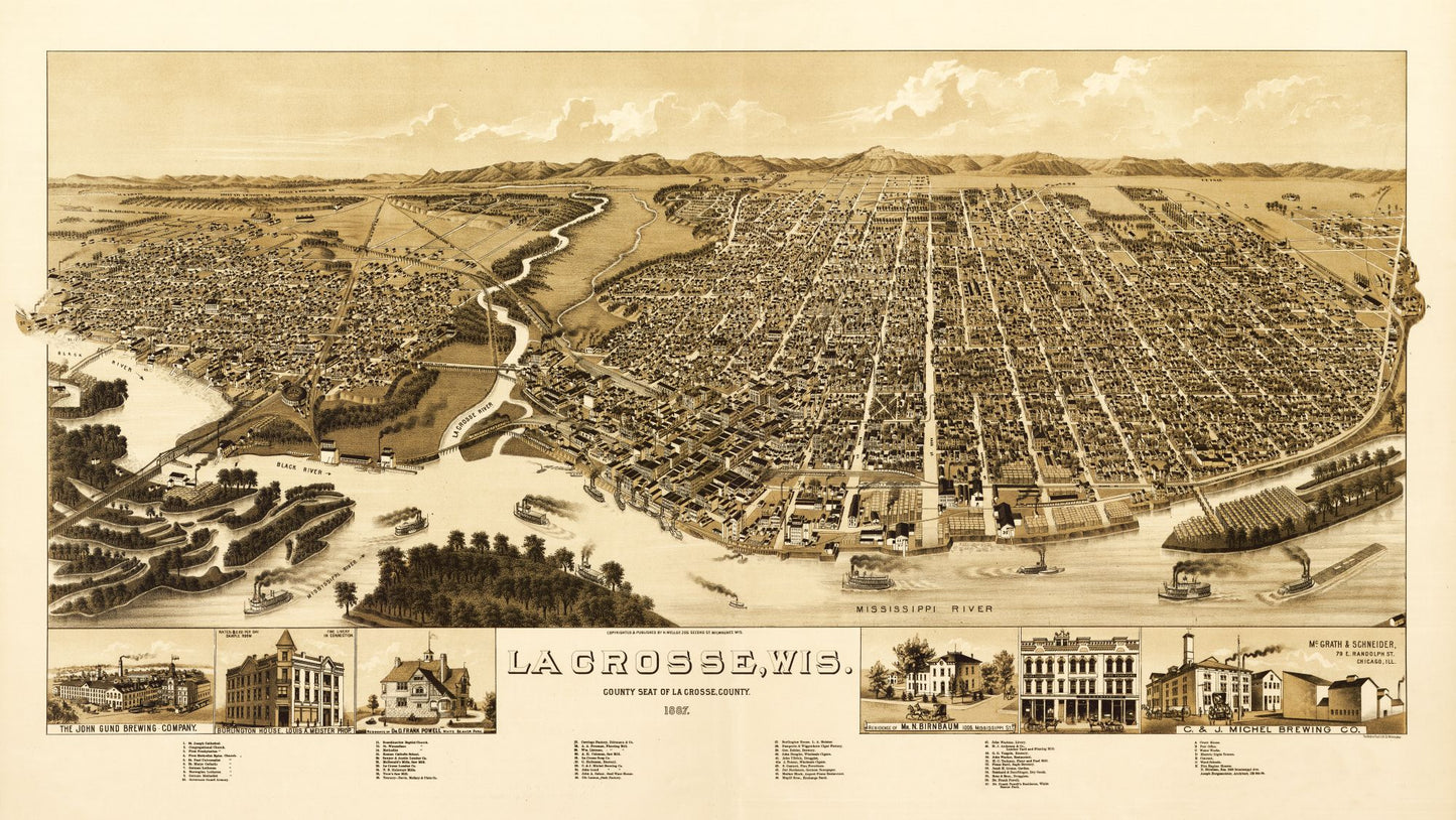 Historic Panoramic View - La Crosse Wisconsin - Wellge 1887 - 40.82 x 23 - Vintage Wall Art